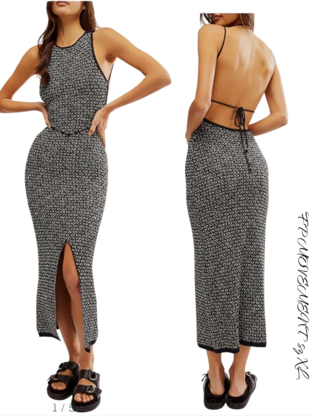 Free People Mindy Open Back Midi Sweater Midi Dress Black Combo XL NWT